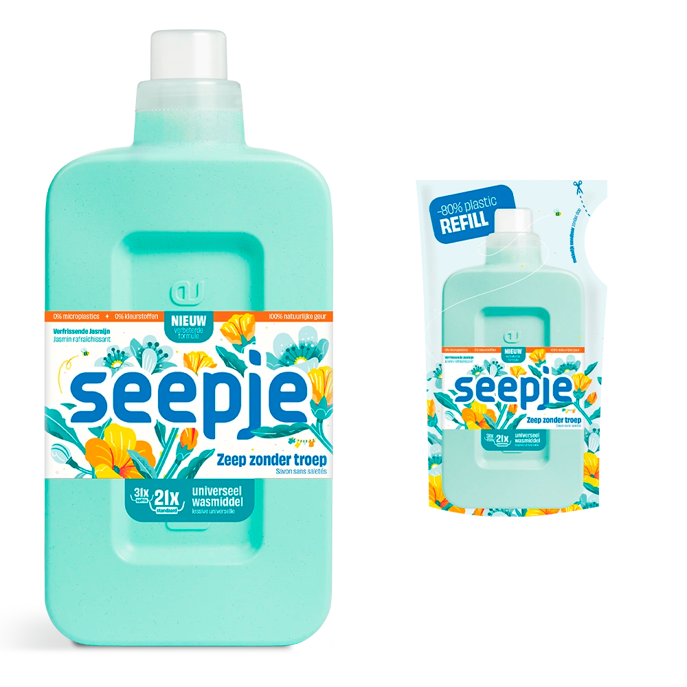 Aanbieding Natuurlijk Wasmiddel Seepje Pakket Fles met 12 Navullingen | Universeel met Verfrissende Jasmijn geur