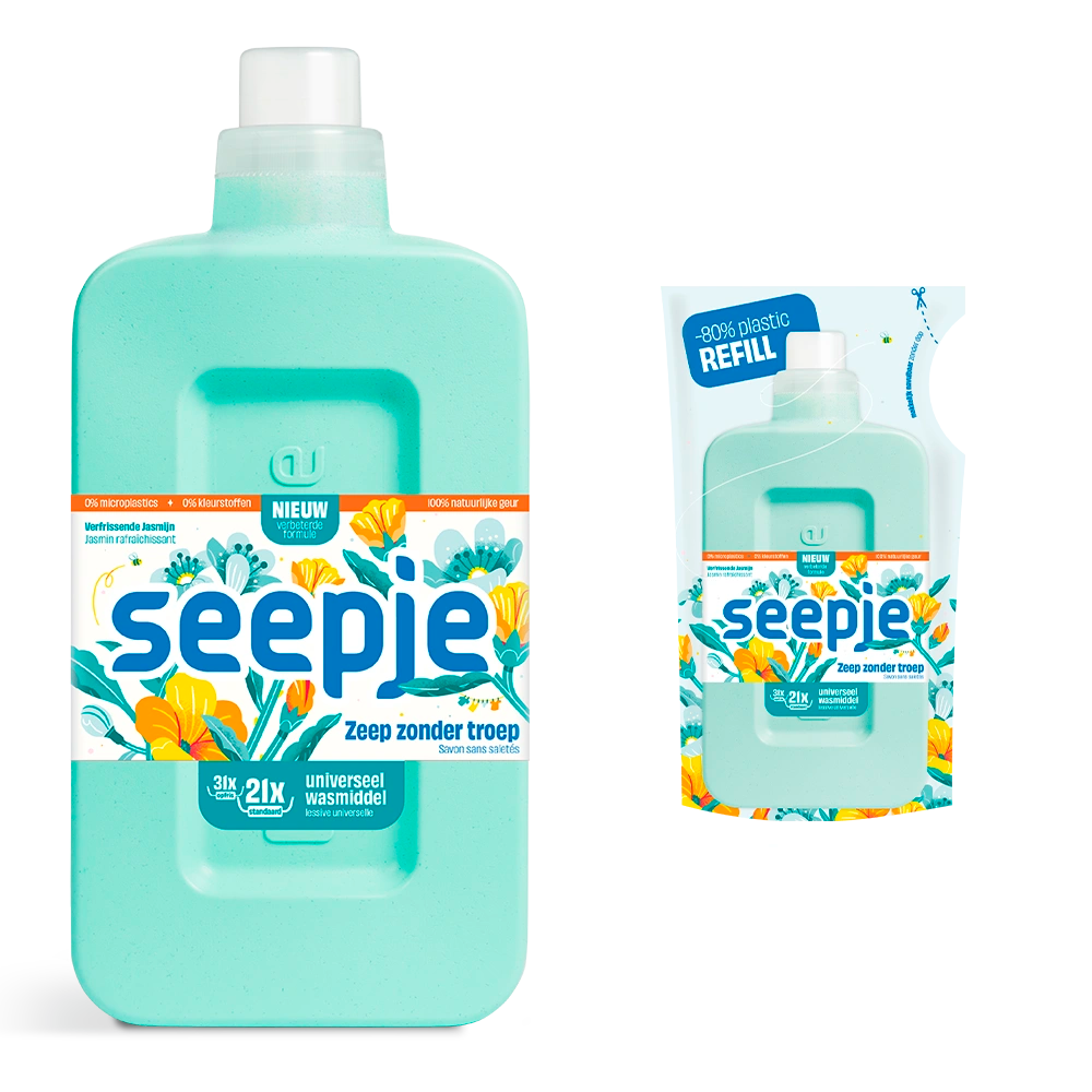 Aanbieding Natuurlijk Wasmiddel Seepje Pakket Fles met 6 Navullingen | Universeel met Verfrissende Jasmijn geur