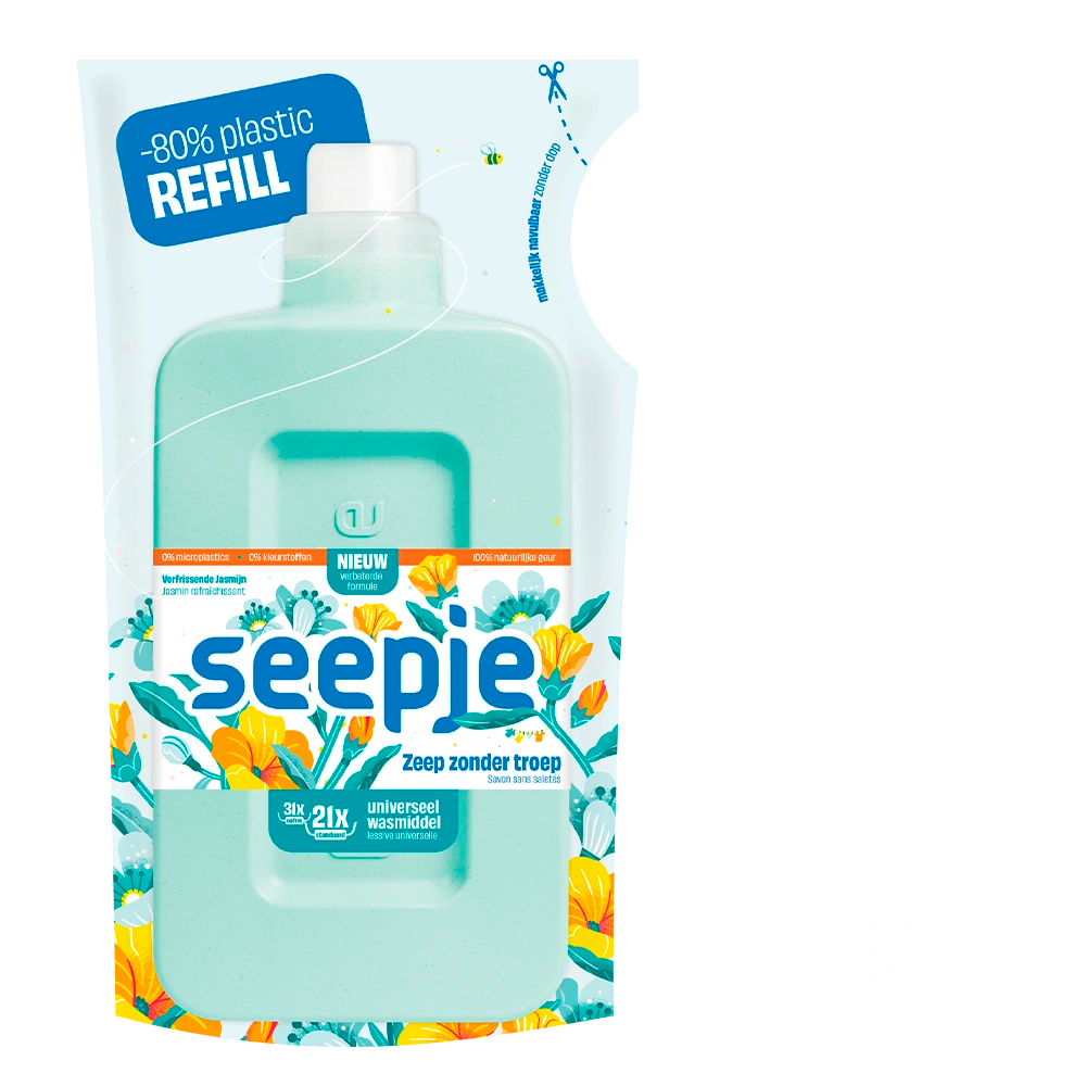 Aanbieding Natuurlijk Wasmiddel Seepje Pakket met 12 Navullingen | Universeel Verfrissende Jasmijn geur