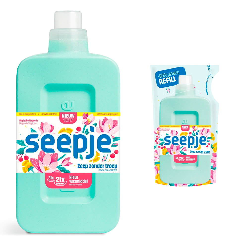 Aanbieding Natuurlijk Wasmiddel Pakket Seepje Fles met 12 Navullingen Kleur met Magische Magnolia geur