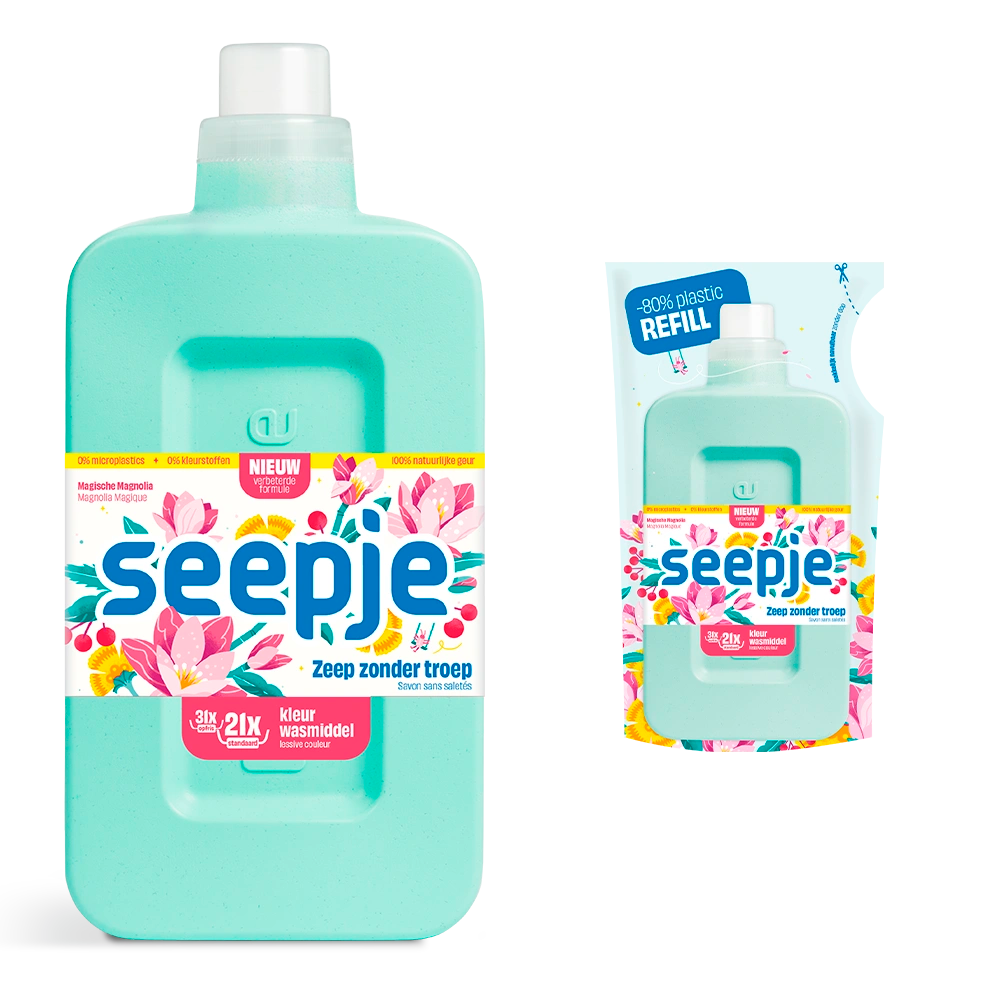 Aanbieding Natuurlijk Wasmiddel Pakket Seepje Fles met 6 Navullingen | Kleur met Magische Magnolia geur