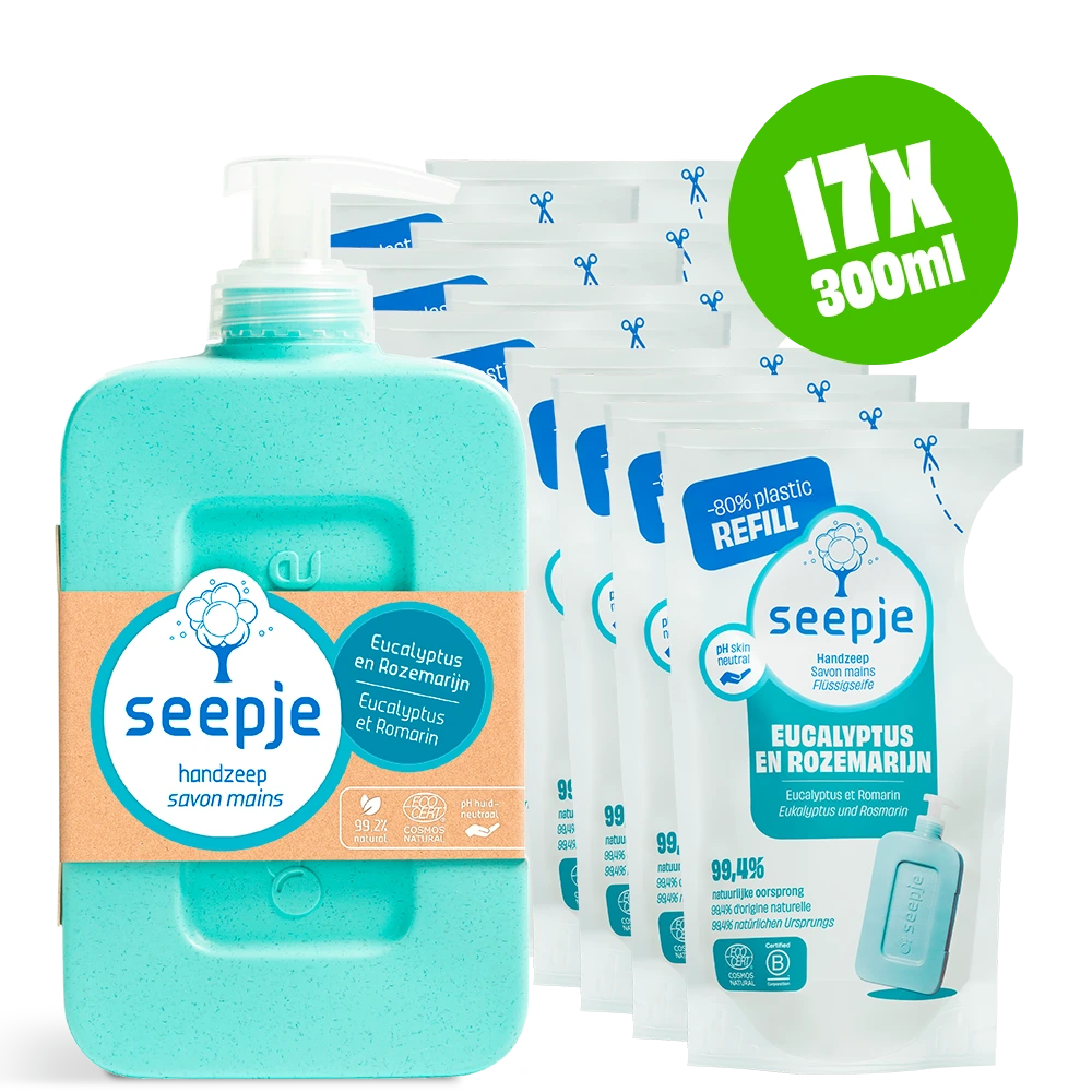 Handzeep Pakket Fles met 16 Navullingen | Eucalyptus en Rozemarijn