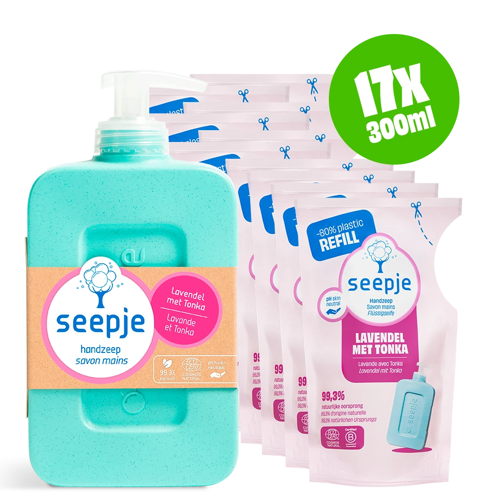 Handzeep Pakket Fles met 16 Navullingen | Lavendel met Tonka