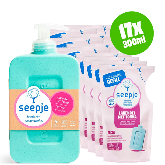 Handzeep Pakket Fles met 16 Navullingen | Lavendel met Tonka