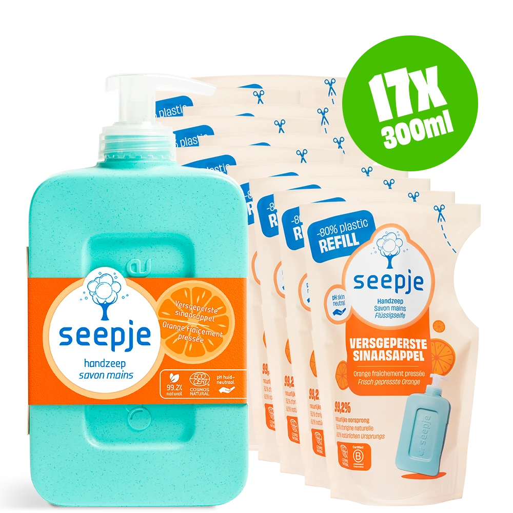 Handzeep Pakket Fles met 16 Navullingen | Versgeperste Sinaasappel