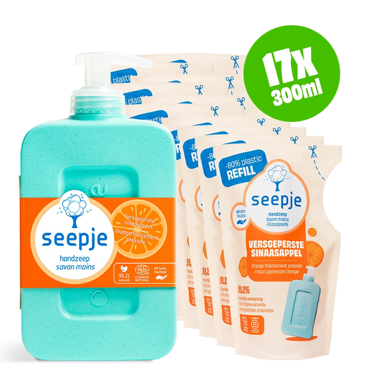 Handzeep Pakket Fles met 16 Navullingen | Versgeperste Sinaasappel