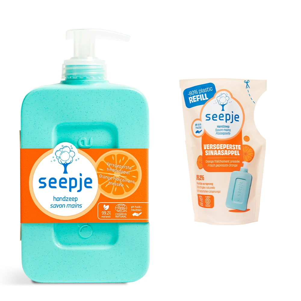 Handzeep Pakket Fles met 8 Navullingen| Versgeperste Sinaasappel