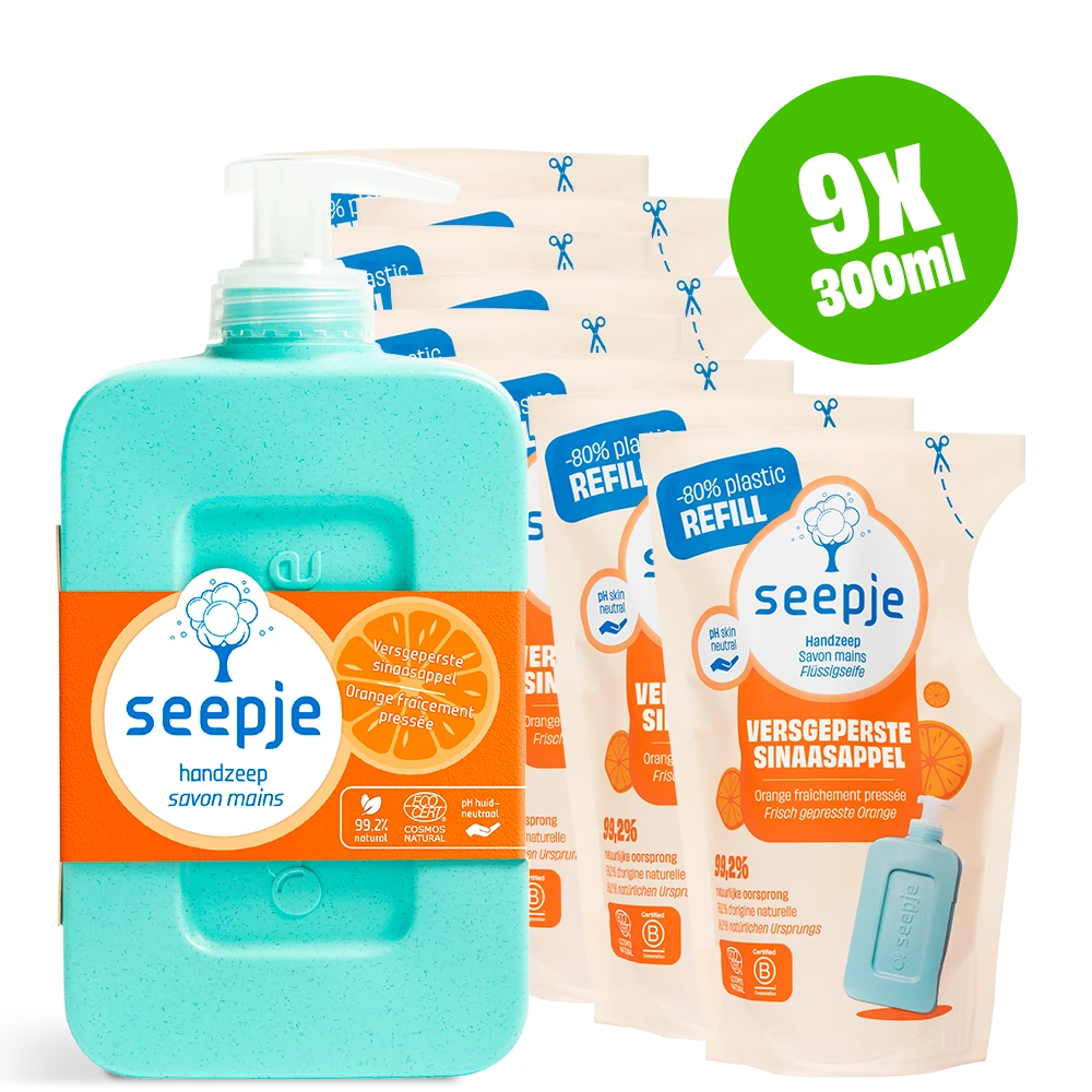 Handzeep Pakket Fles met 8 Navullingen| Versgeperste Sinaasappel