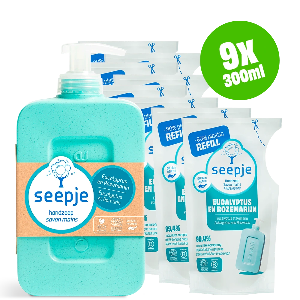 Handzeep Pakket Fles met 8 Navullingen | Eucalyptus en Rozemarijn