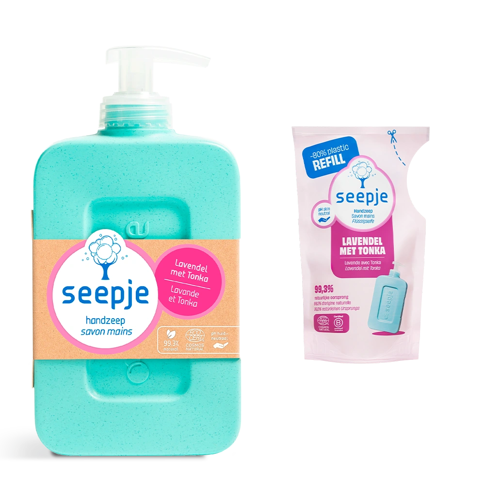Handzeep Pakket Fles met 8 Navullingen | Lavendel met Tonka