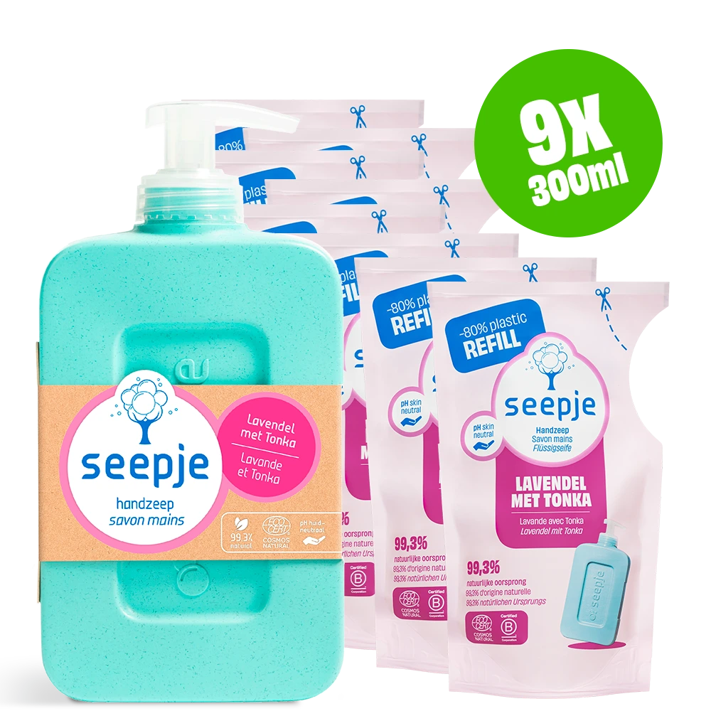 Handzeep Pakket Fles met 8 Navullingen | Lavendel met Tonka