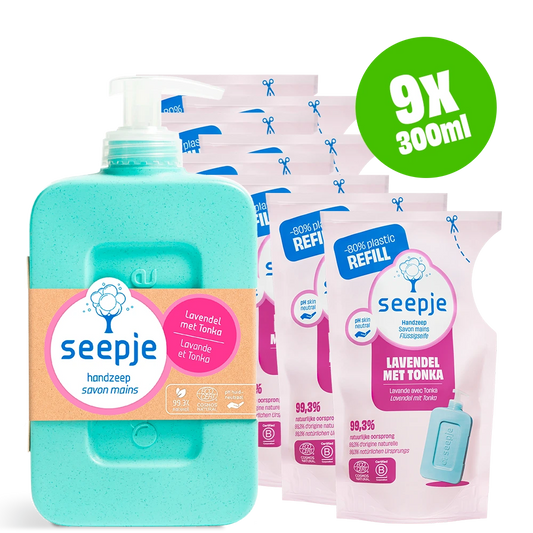 Handzeep Pakket Fles met 8 Navullingen | Lavendel met Tonka
