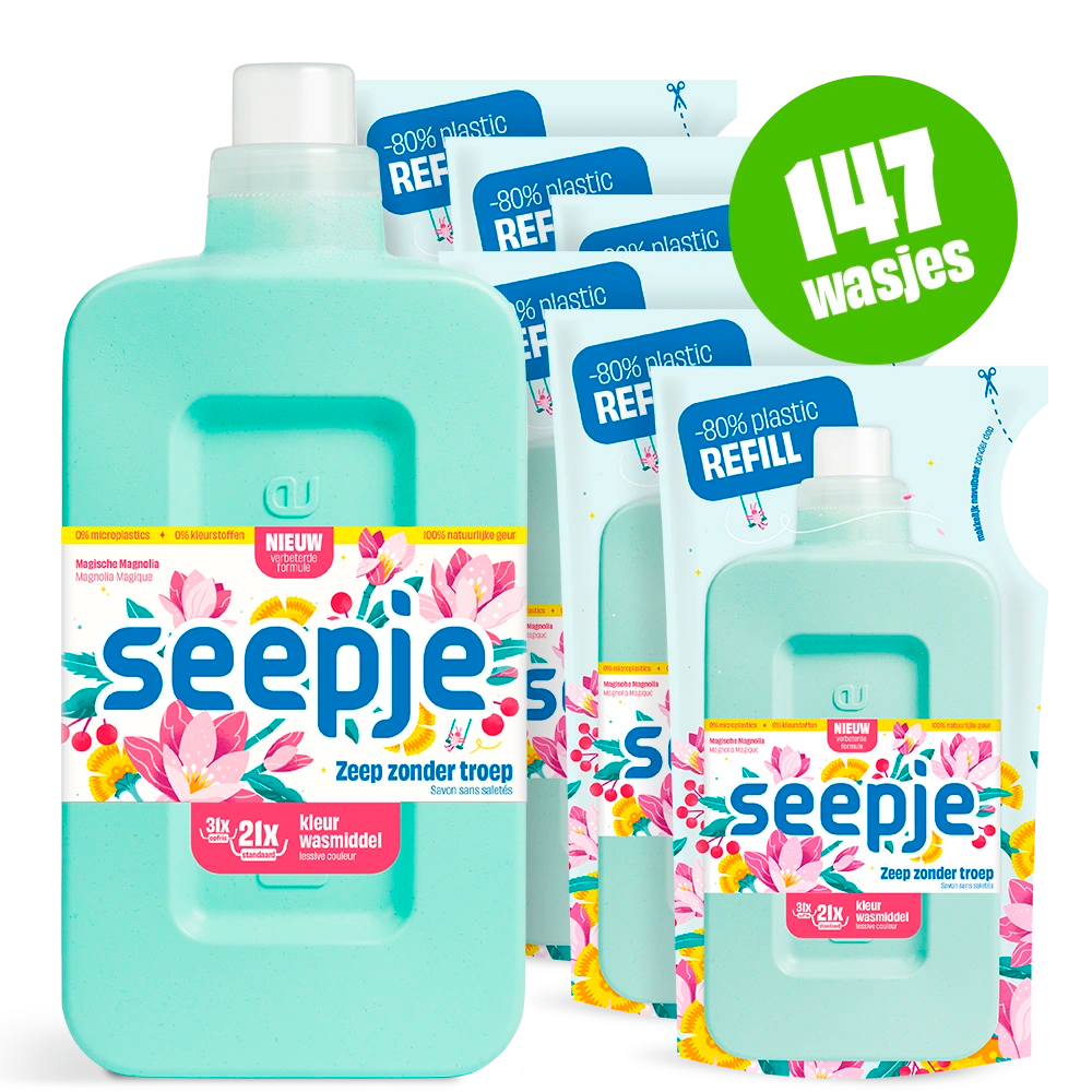 Natuurlijk Wasmiddel Pakket Fles met 6 Navullingen | Kleur met Magische Magnolia geur 