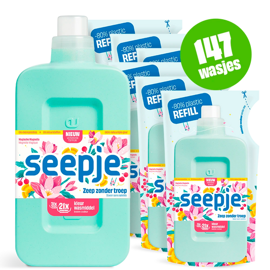 Natuurlijk Wasmiddel Pakket Fles met 6 Navullingen | Kleur met Magische Magnolia geur 