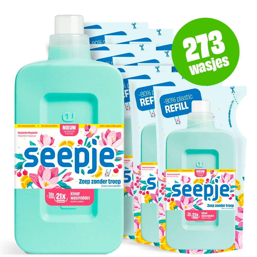 Wasmiddel Pakket Fles met 12 Navullingen | Kleur met Magische Magnolia geur