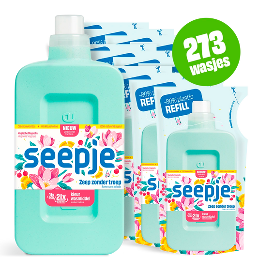 Natuurlijk Wasmiddel Pakket Seepje Fles met 12 Navullingen | Kleur met Magische Magnolia geur