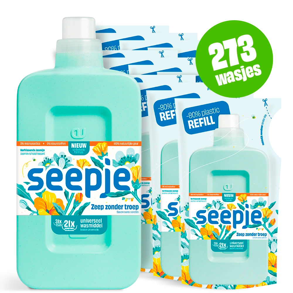 Natuurlijk Wasmiddel Pakket Seepje Fles met 12 Navullingen | Universeel met Verfrissende Jasmijn geur