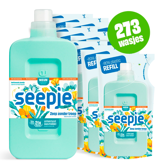 Natuurlijk Wasmiddel Pakket Seepje Fles met 12 Navullingen | Universeel met Verfrissende Jasmijn geur