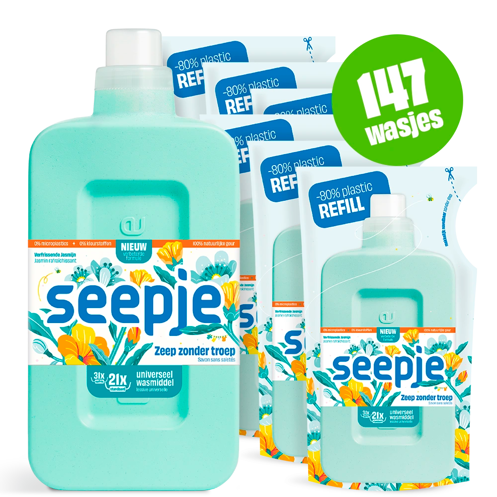 Wasmiddel Pakket Fles met 6 Navullingen | Universeel met Verfrissende Jasmijn geur