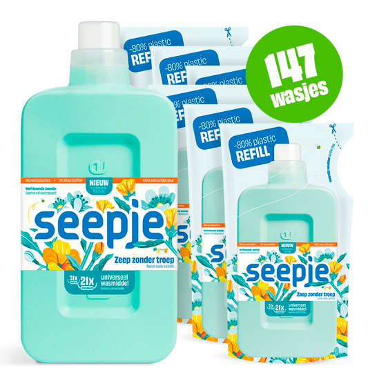 Natuurlijk Wasmiddel Pakket Seepje Fles met 6 Navullingen | Universeel met Verfrissende Jasmijn geur